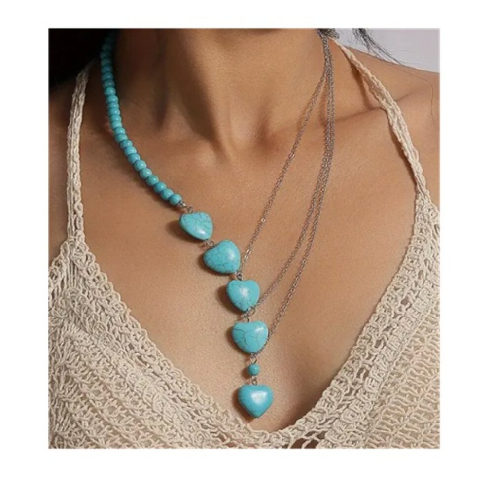 Unique Turquoise & Layered Sterling Silver Chain  Drop Heart Necklace